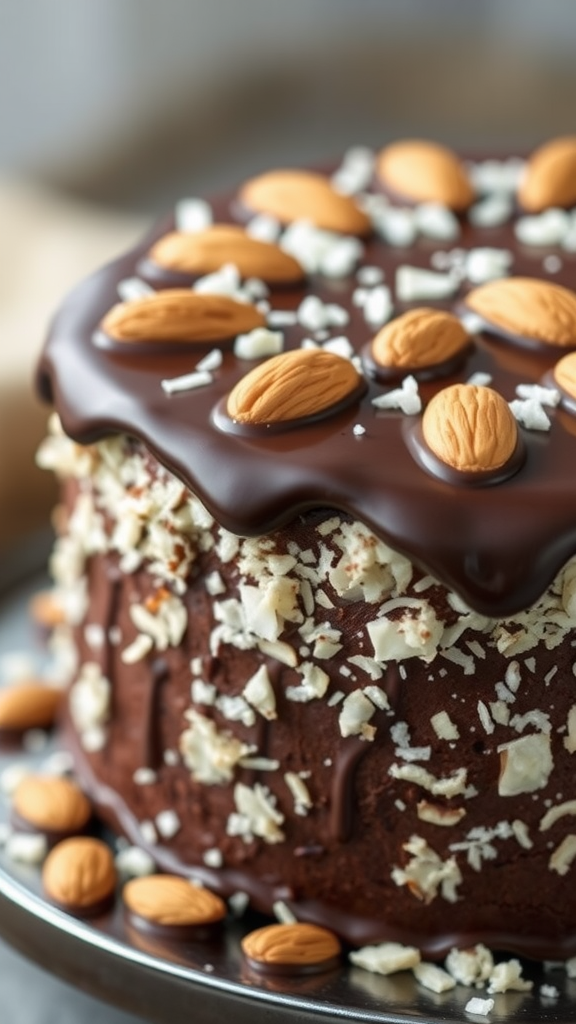 A beautifully decorated Almond Joy Cake topped with chocolate ganache, almonds, and shredded coconut.