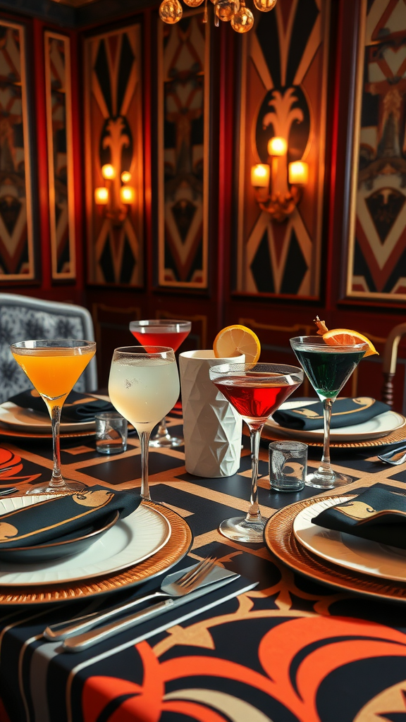 Stylish table setting for an Art Deco tea soirée with colorful cocktails and elegant tableware.