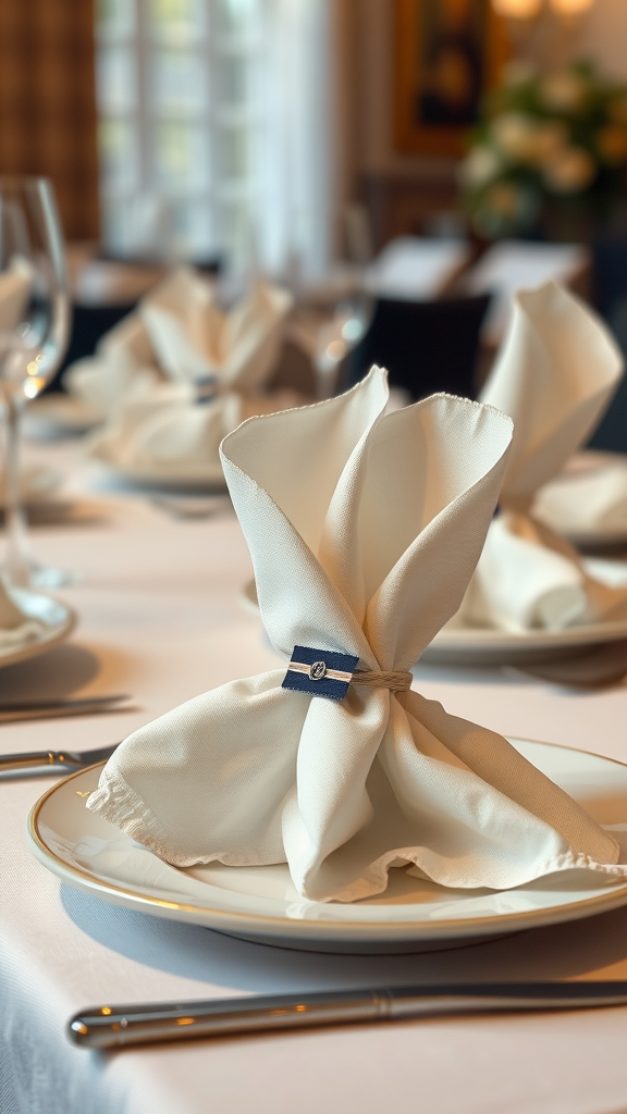 A beautifully arranged dining table with elegantly folded napkins and decorative elements.