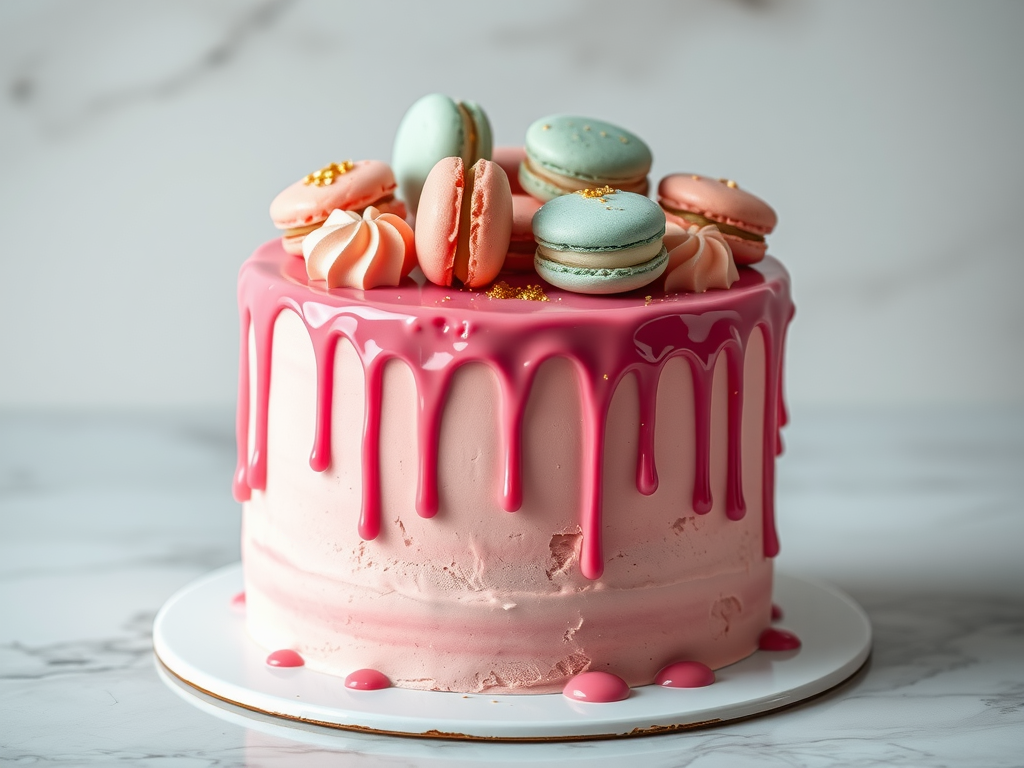 A beautifully decorated pink drip cake with macarons on top.