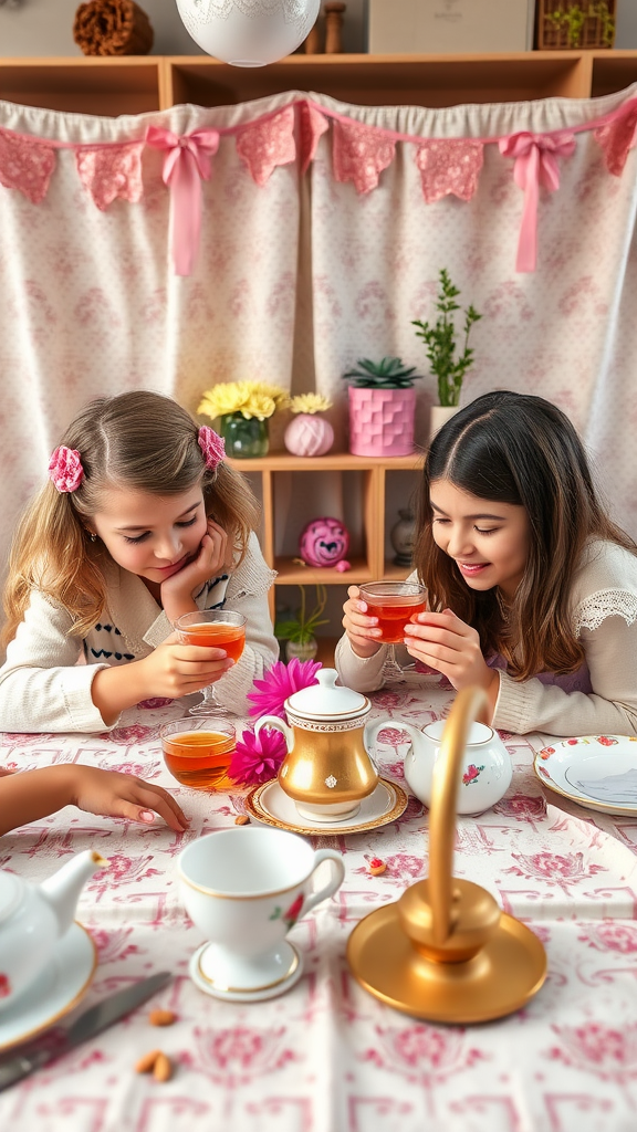Two young girls enjoying a tea party with colorful cups and floral decorations.