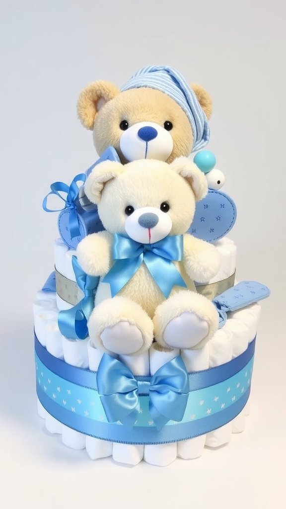 A decorative diaper cake featuring two teddy bears and diapers, all in blue and white.