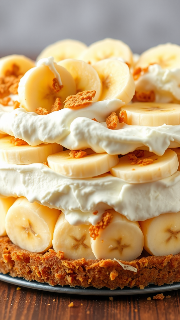 A layered Banana Cream Pie Cake with banana slices, whipped cream, and crumble topping