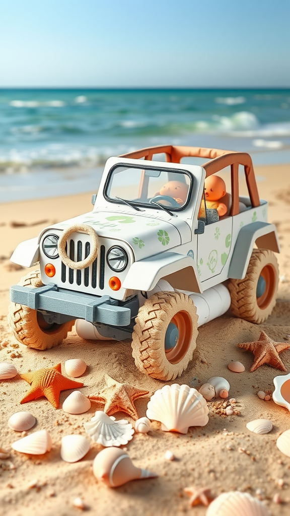 15 Creative Jeep-themed diaper cakes for Jeep Lovers A diaper cake designed like a jeep with shells and starfish on the beach.