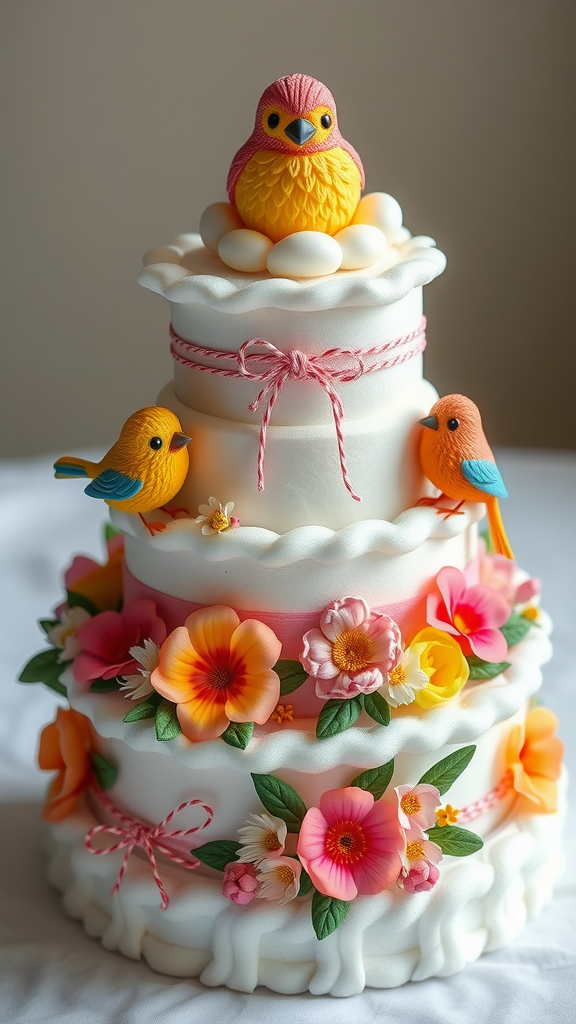 A colorful animal diaper cake decorated with birds and flowers.