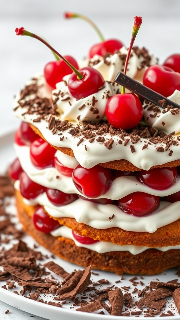 A delicious Black Forest Cake layered with cherries and chocolate shavings, zero birthday cake