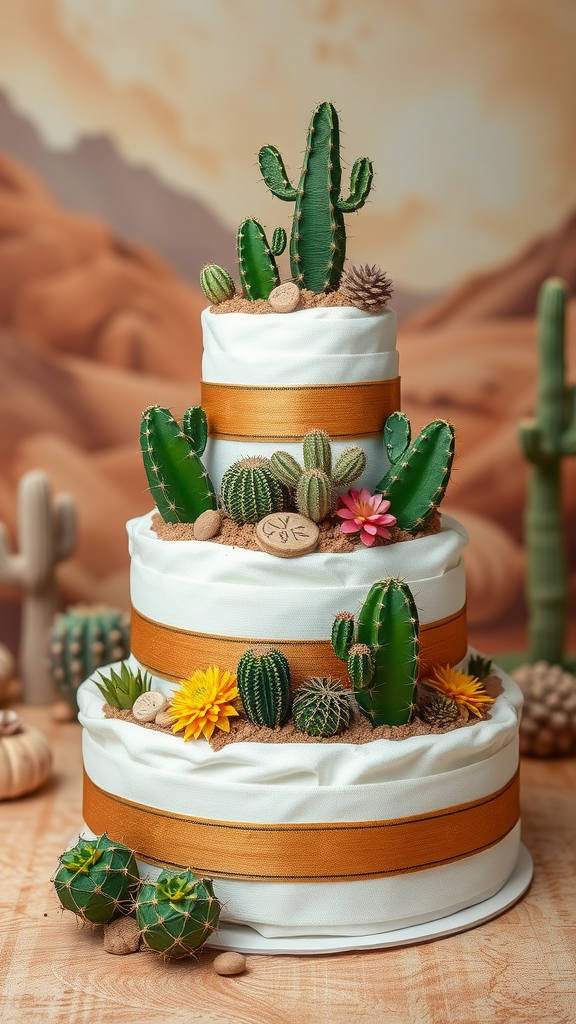 A diaper cake decorated with cacti and flowers, showcasing a Southwestern theme.