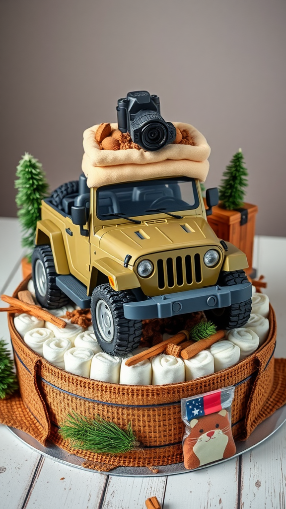 15 Creative Jeep-themed diaper cakes for Jeep Lovers A Jeep-themed diaper cake decorated with a toy Jeep, camera, and green trees.