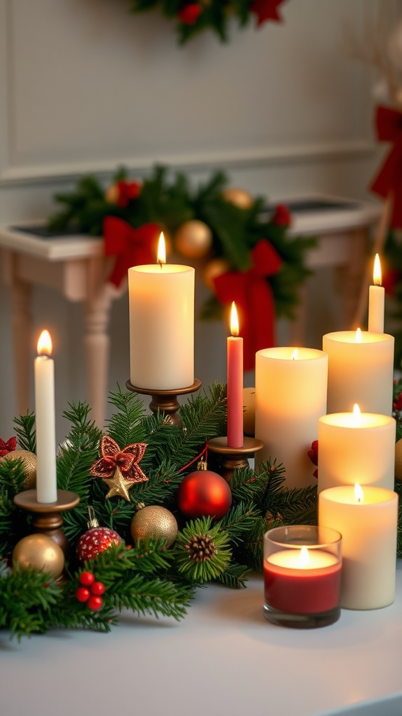 A beautifully decorated Christmas dining table with candles and evergreen accents.