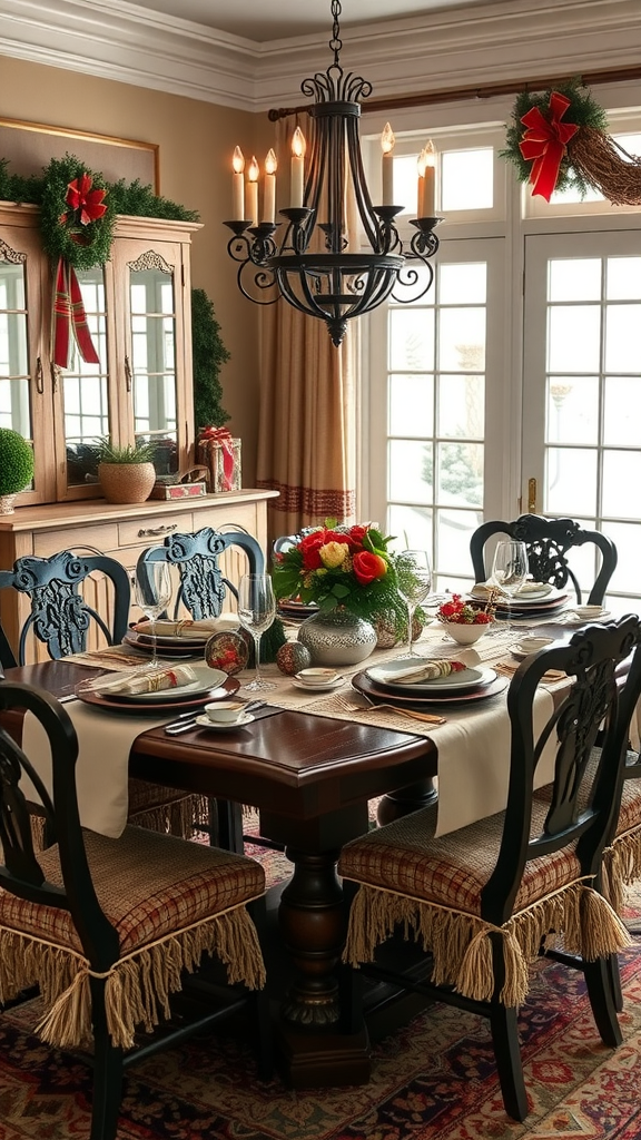 Elegant dining table decorated for Christmas with heirlooms and festive decor