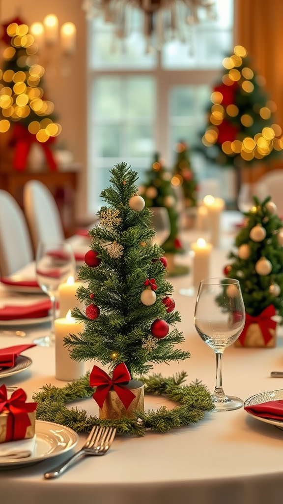 A beautifully decorated dining table featuring mini Christmas trees, candles, and festive tableware.