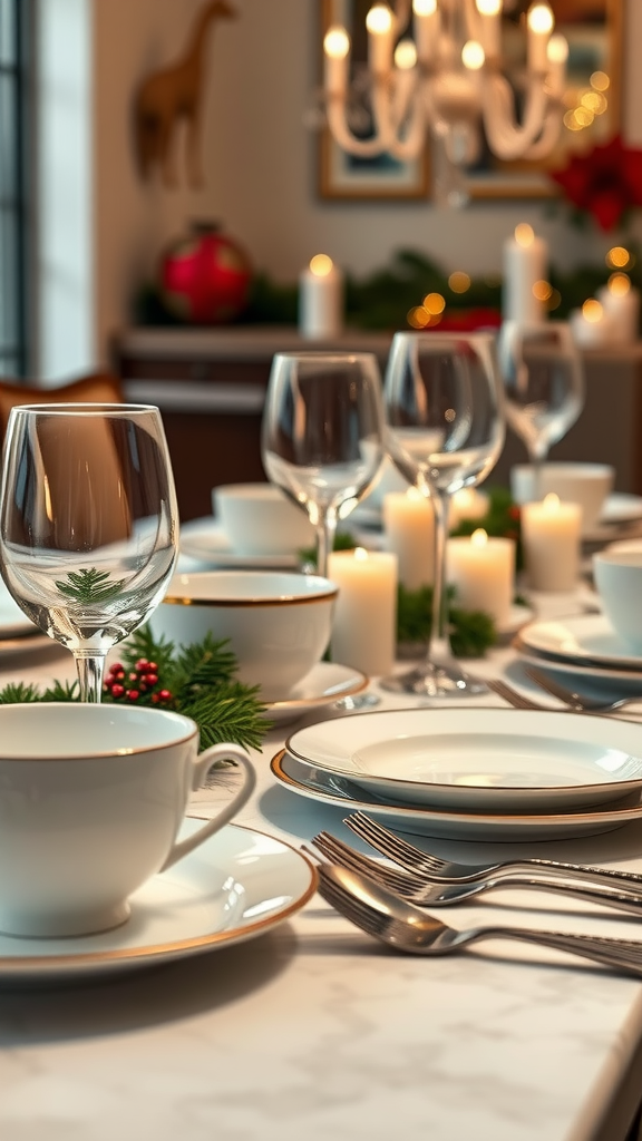 An elegant Christmas dining table set with white and gold tableware, glassware, silverware, candles, and festive decorations.