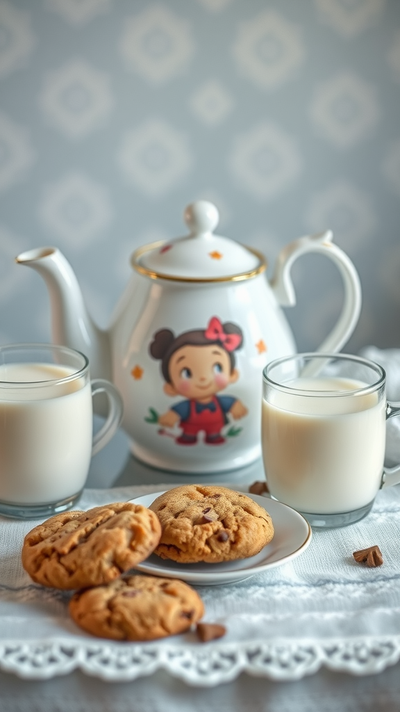 A whimsical tea set with cookies and milk on a table, evoking childhood memories.