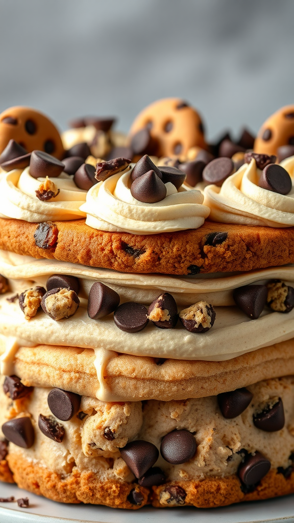 A multi-layered Chocolate Chip Cookie Dough Cake with frosting, cookie dough pieces, and chocolate chips on top. zero birthday cake