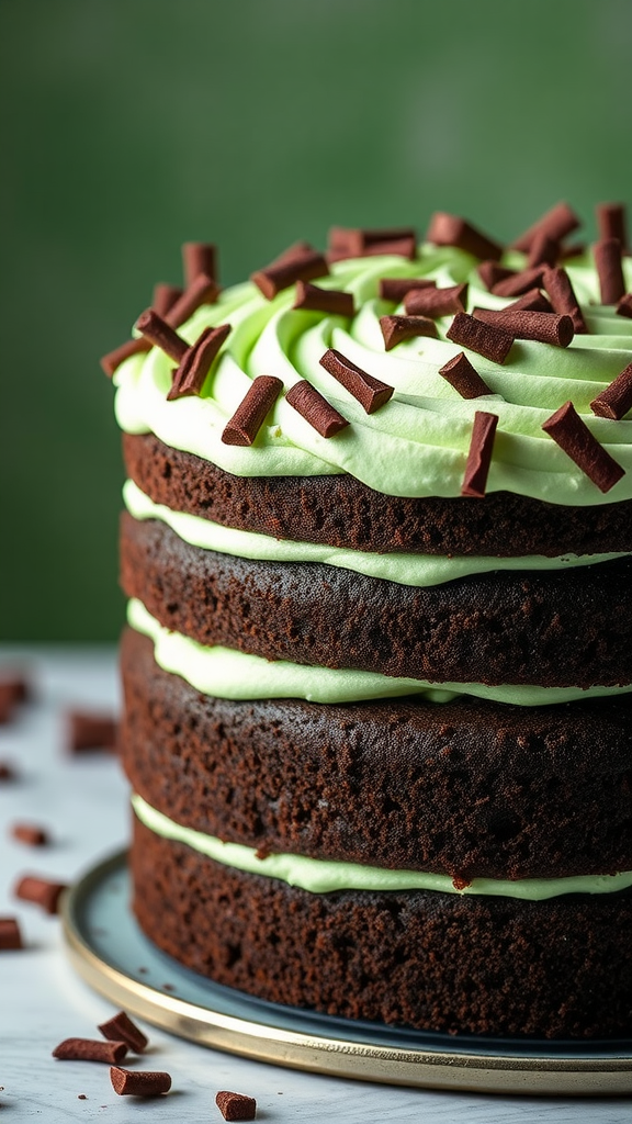 A three-layer chocolate mint cake topped with green frosting and chocolate shavings.