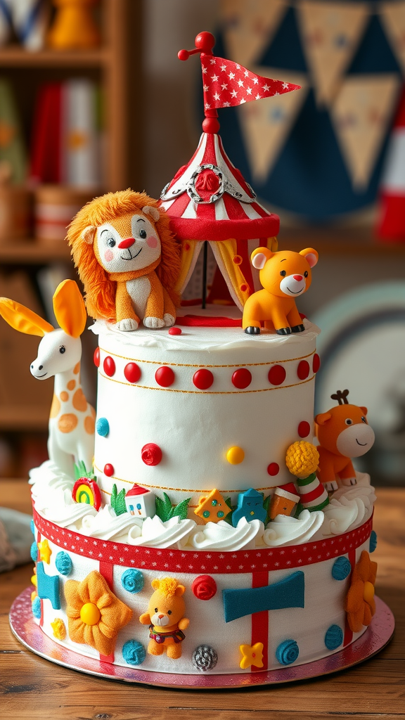 A colorful two-tiered diaper cake decorated with circus animals and a striped tent.