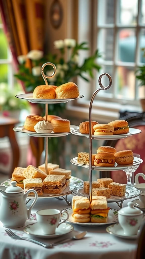 A tiered stand with assorted sandwiches, scones, and pastries, set for afternoon tea with tea cups and a teapot.
