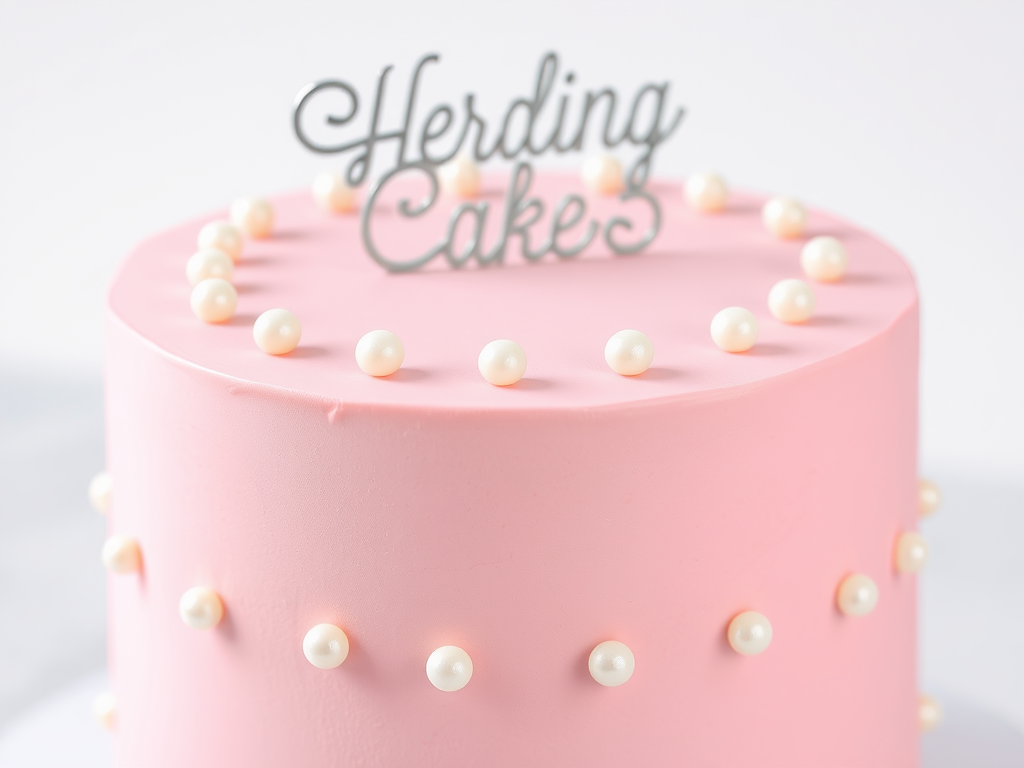 A pink fondant cake decorated with white pearls and a 'Herding Cake' topper.