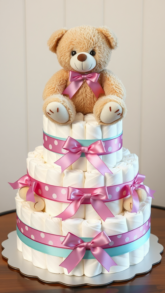 A teddy bear sitting on top of a three-tiered diaper cake decorated with pink and blue ribbons.