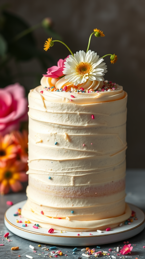 A beautiful classic vanilla buttercream layer cake topped with flowers and sprinkles.