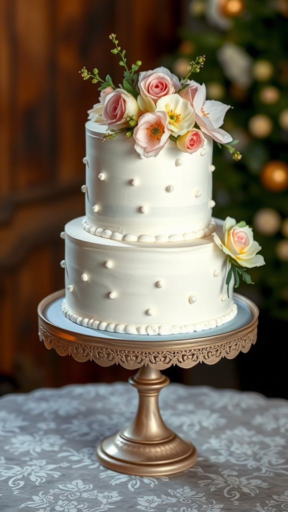 A classic two-tier white fondant cake adorned with pink and white floral accents, displayed on a decorative pedestal.