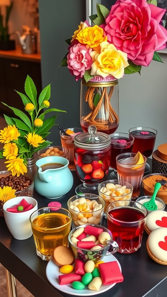 A vibrant tea party spread with colorful drinks, sweets, and flowers. Afternoon Tea Theme Ideas