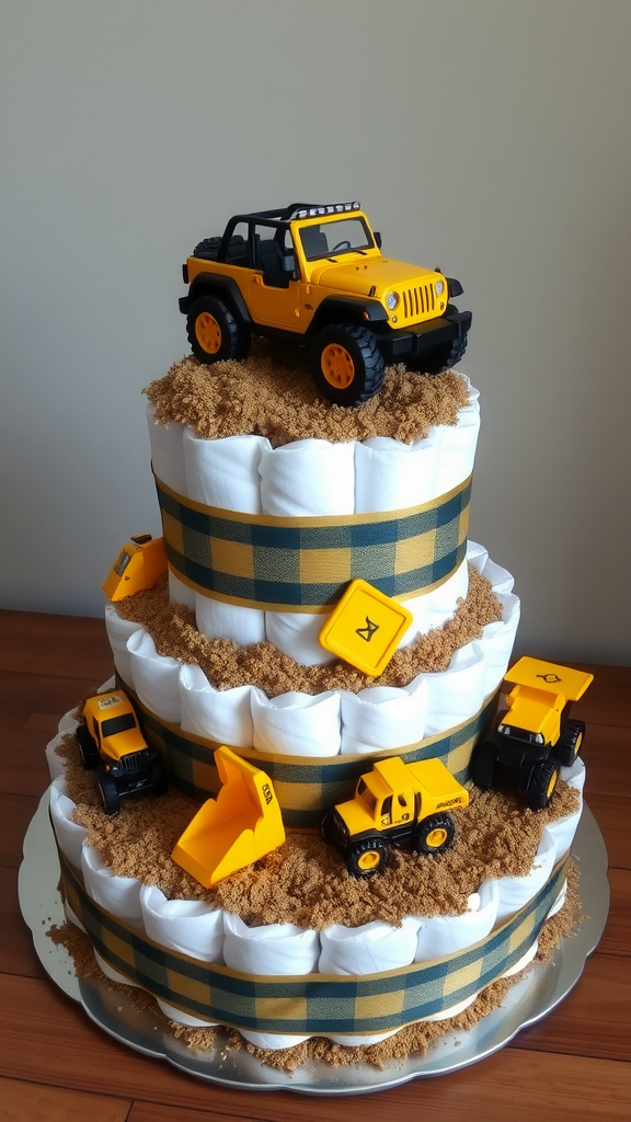 15 Creative Jeep-themed diaper cakes for Jeep Lovers A three-tier diaper cake decorated with toy construction vehicles and a jeep, featuring a sandy base.