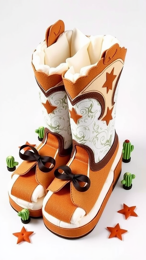 A diaper cake designed to look like cowboy boots, featuring stars and cacti decorations.