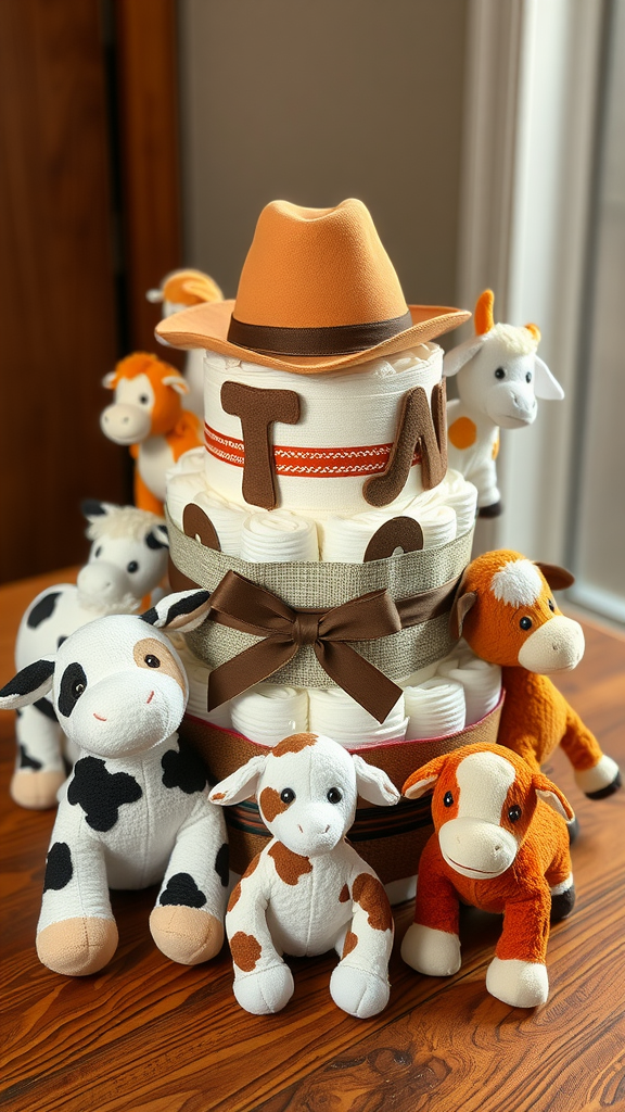 A cowboy hat diaper cake surrounded by plush animals, showcasing a creative baby shower decoration.