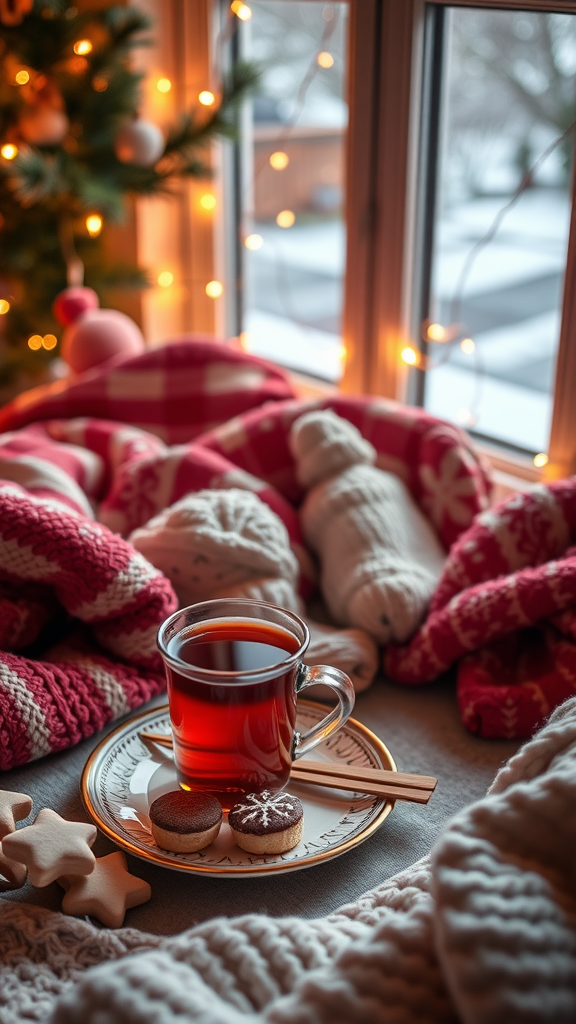 A cozy winter scene with a cup of tea, cookies, and soft blankets next to a window with fairy lights.