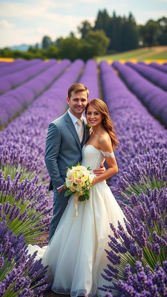 Bride and groom standing in a lavender field, surrounded by purple flowers.