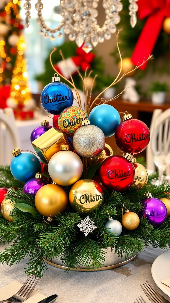 A festive Christmas dining table decor featuring a centerpiece made of colorful ornaments.