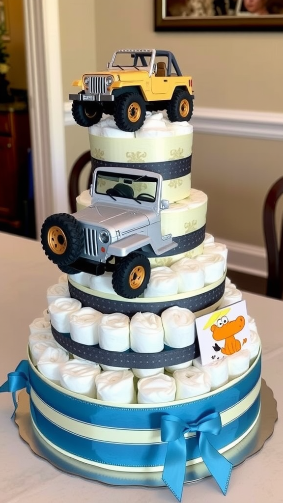 15 Creative Jeep-themed diaper cakes for Jeep Lovers A three-tier diaper cake decorated with toy Jeeps and blue ribbons.