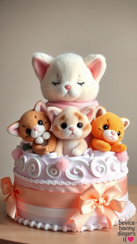 A cute diaper cake featuring plush kittens in a decorative arrangement.