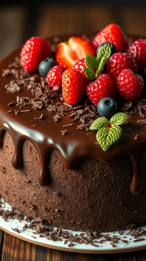 A beautifully decorated chocolate ganache cake topped with fresh berries and mint leaves.