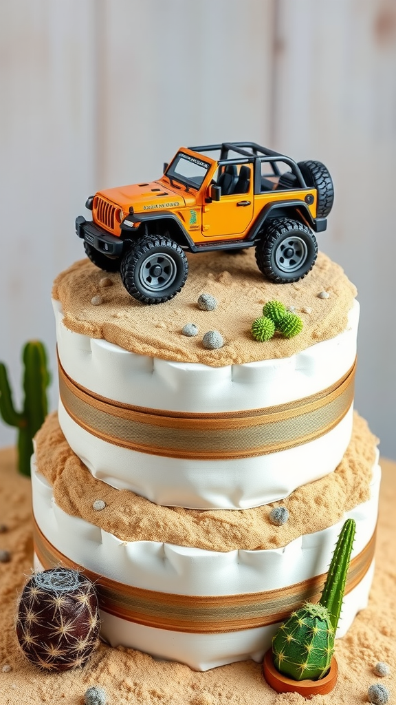 15 Creative Jeep-themed diaper cakes for Jeep Lovers A diaper cake styled like a desert oasis featuring a toy jeep on top, surrounded by sand and small cacti.