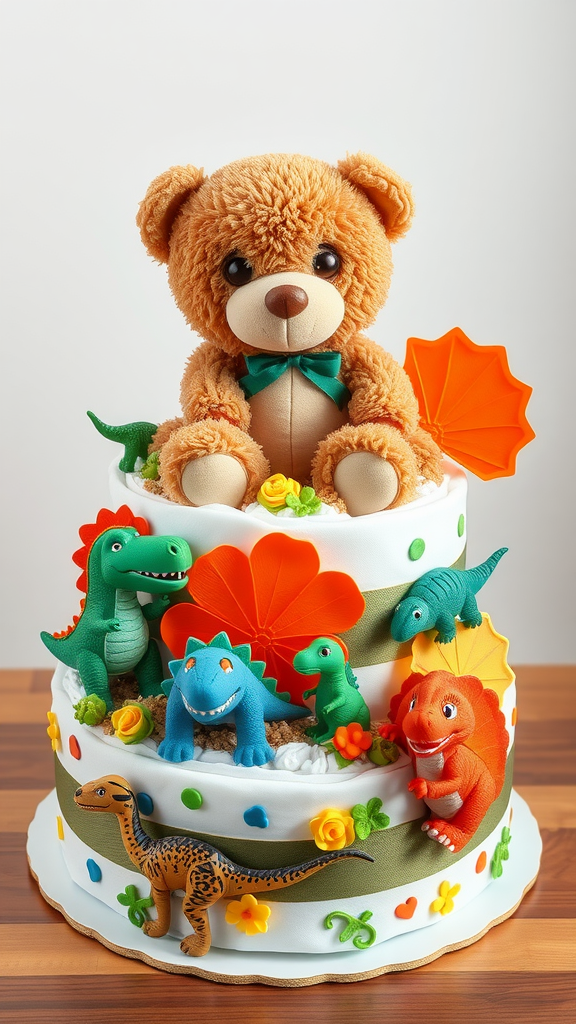 A colorful tiered cake featuring a teddy bear on top surrounded by dinosaur figures.