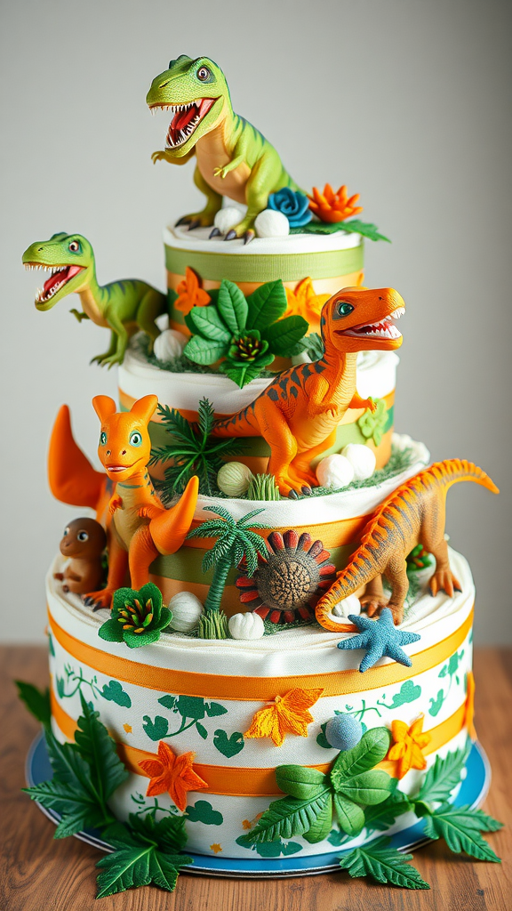 A colorful dinosaur-themed diaper cake with toy dinosaurs and greenery.