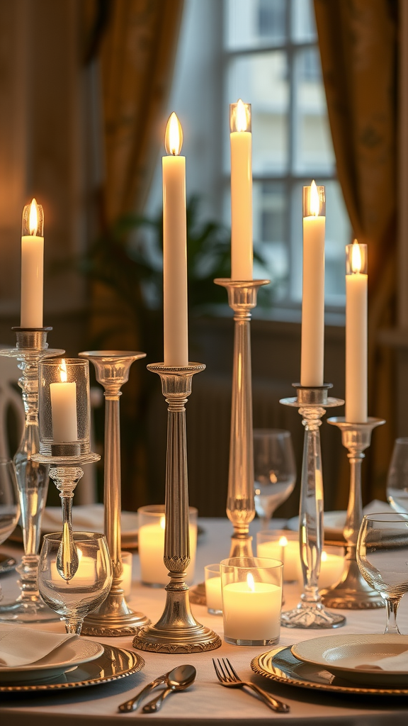 A beautifully set dining table with elegant candle displays, featuring tall silver candelabras and smaller candles, creating a warm and inviting atmosphere.