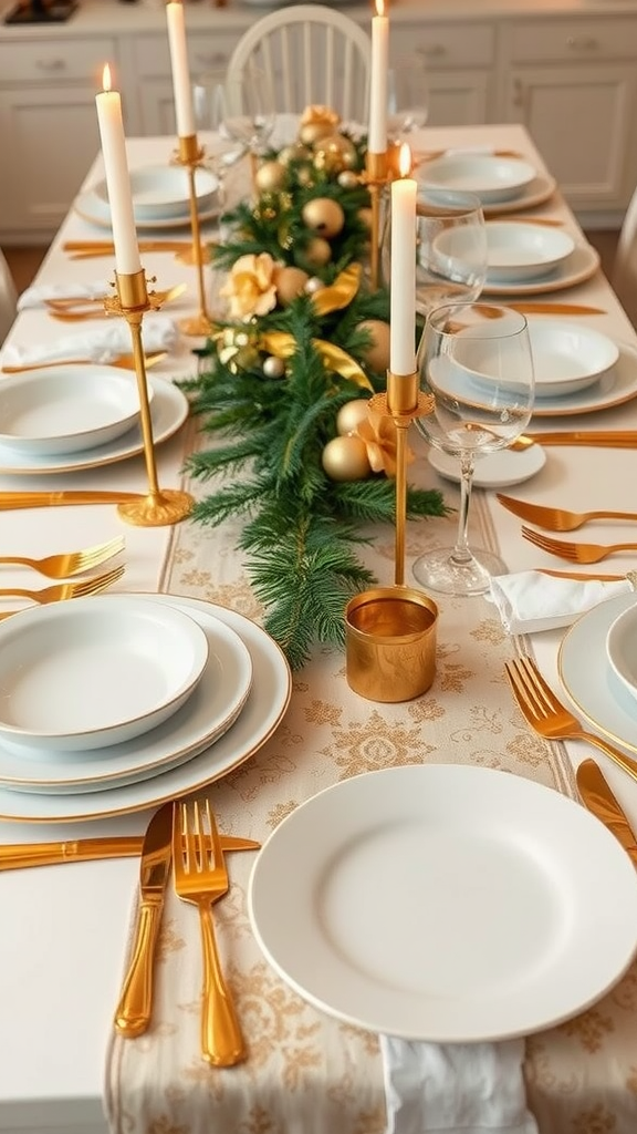 Elegant gold and white dining table setting with candles and greenery for Christmas.