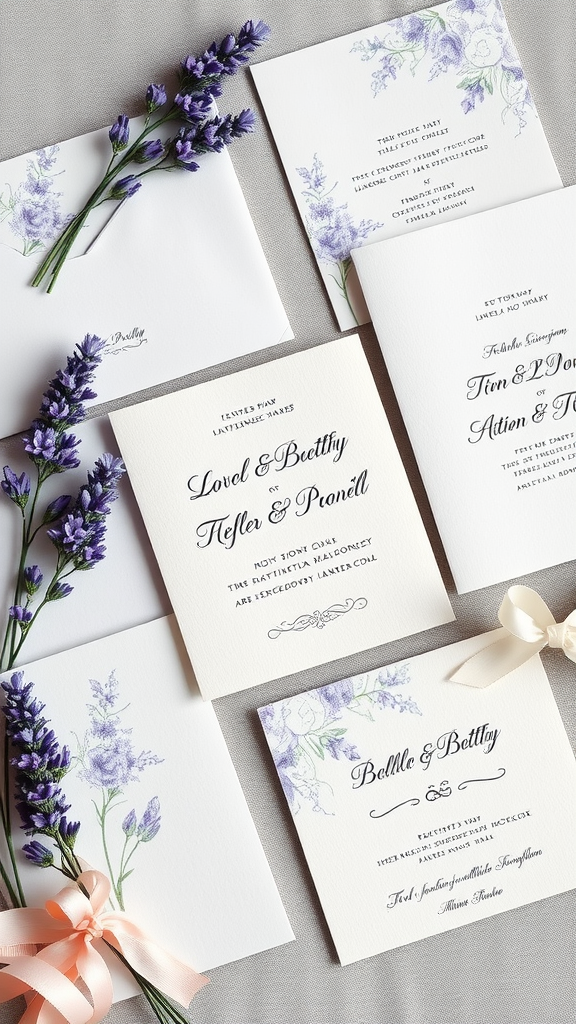 Lavender themed wedding invitations with floral designs and ribbons