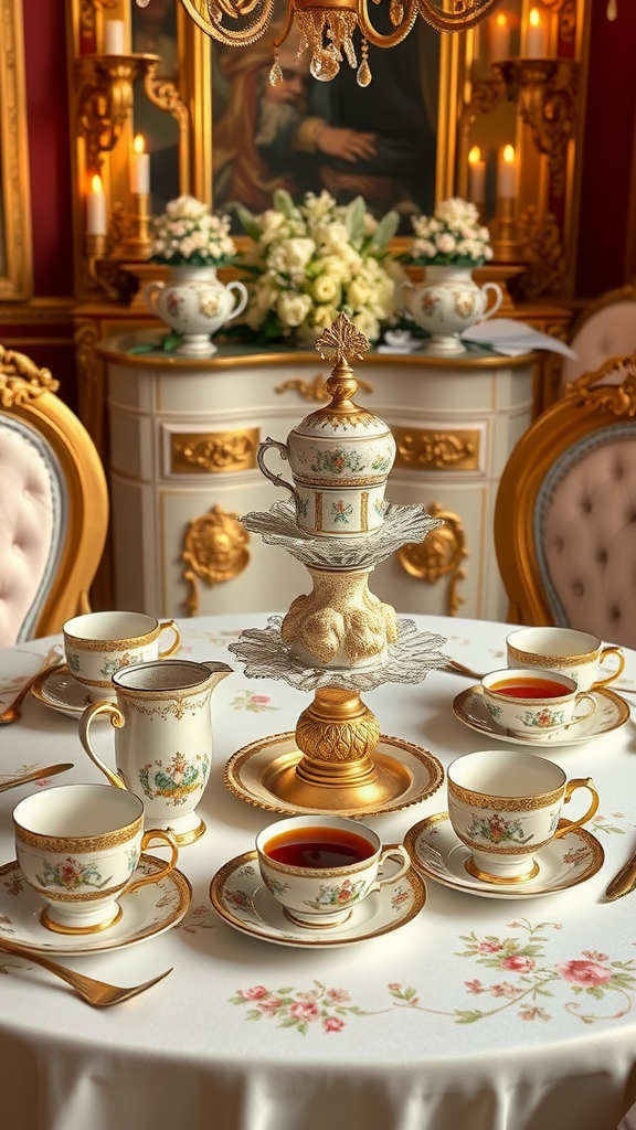 A beautifully arranged royal tea setting with delicate china cups, a golden centerpiece, and a luxurious table decor.