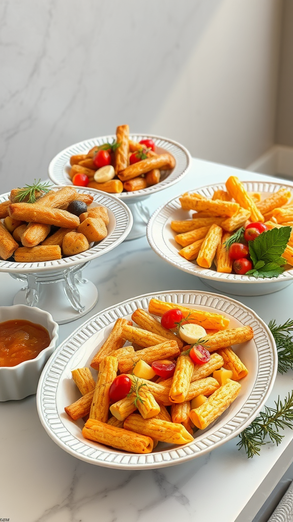 A collection of elegant serving platters filled with crispy snacks and fresh vegetables.