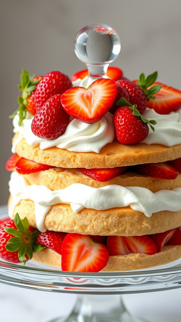 A beautifully layered strawberry shortcake topped with fresh strawberries and whipped cream.