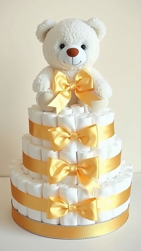 A decorative cake made of diapers featuring a teddy bear on top and gold ribbons.