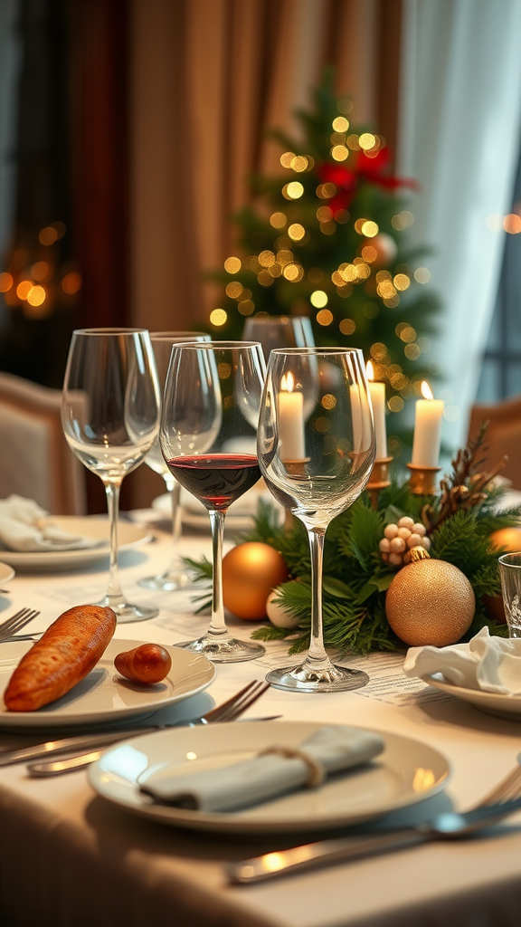 A beautifully set Christmas dining table with wine glasses, candles, and festive decor.