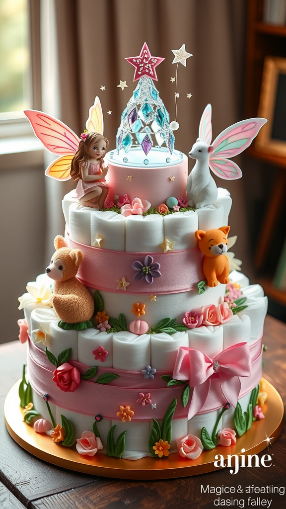 A whimsical diaper cake decorated with fairy figurines and animal plush toys.