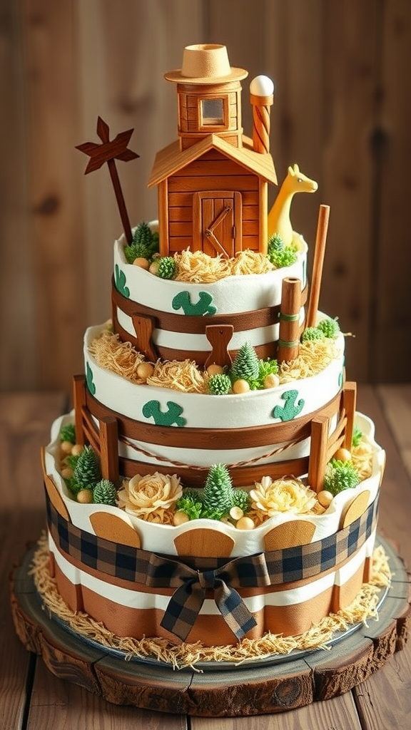 A three-tier diaper cake designed with a family ranch theme, featuring a wooden barn on top, surrounded by greenery and rustic decorations.