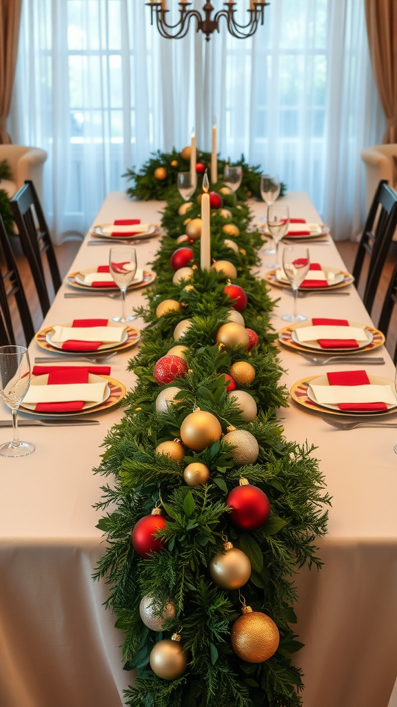 A festive dining table decorated with a garland table runner featuring red, gold, and silver ornaments.