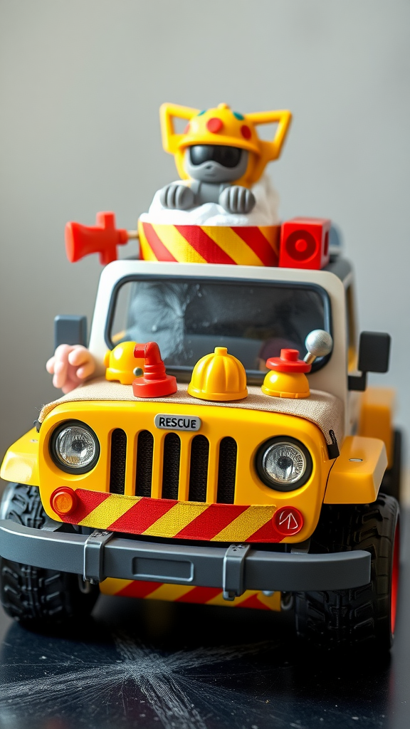15 Creative Jeep-themed diaper cakes for Jeep Lovers A toy jeep decorated with various playful elements, representing a first responder theme.